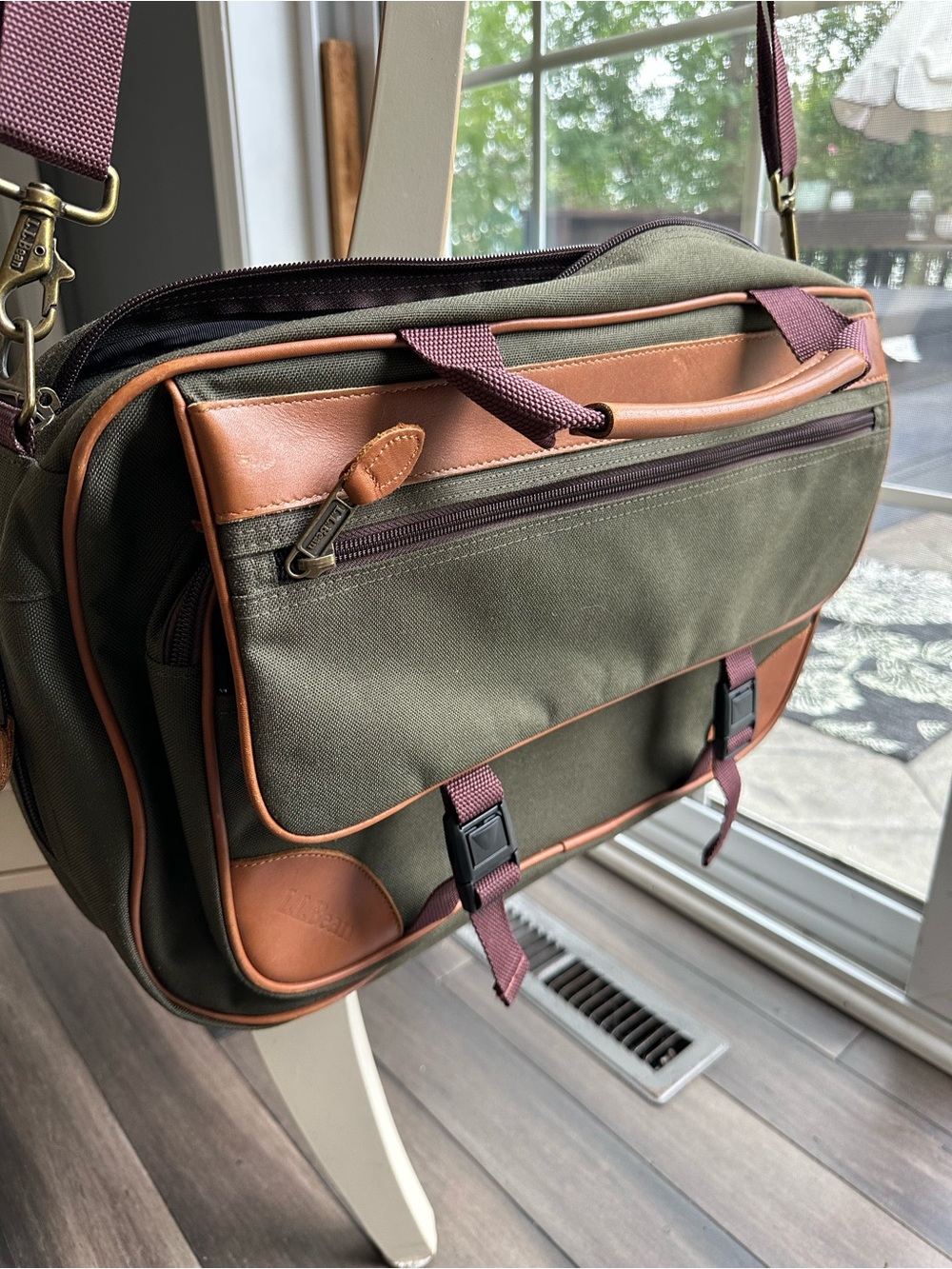 Vintage L.L.Bean Sportsman’s Messenger Briefcase Bag Olive Green Leather Trim